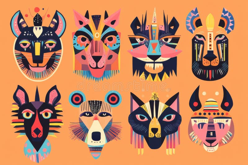 Collection of abstract animal faces with geometric patterns on orange background stock photos