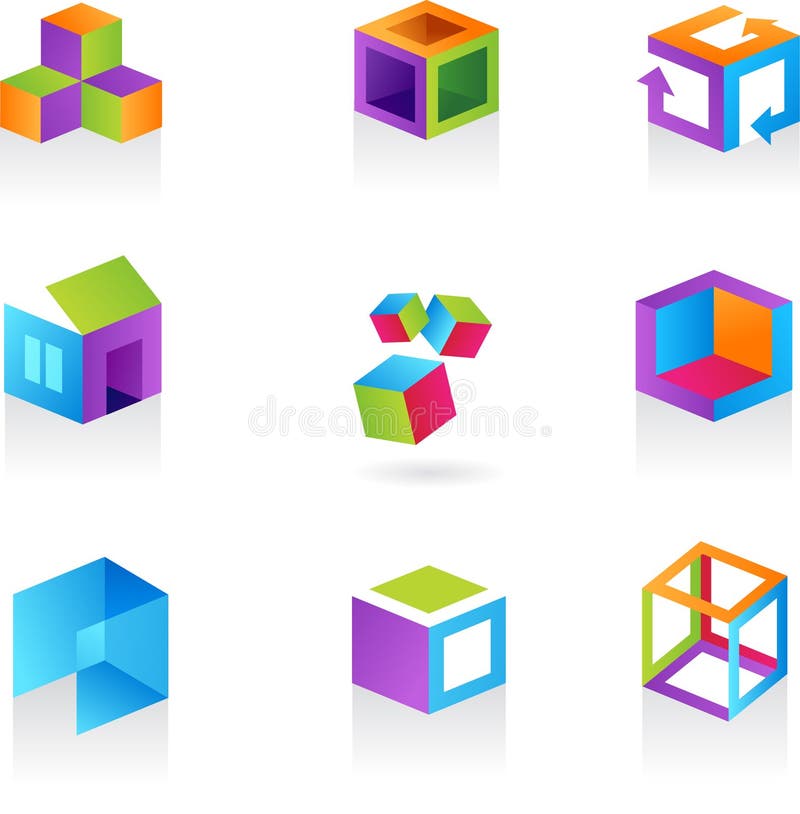 Collection of abstract color cube icons / logos. Blue square logo vectors