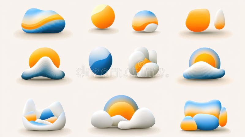 A collection of abstract geometric shapes in various colors and forms. stock image