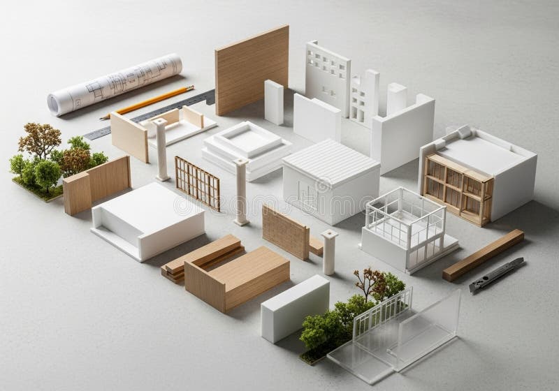A collection of architectural model components is arranged on a royalty free illustration