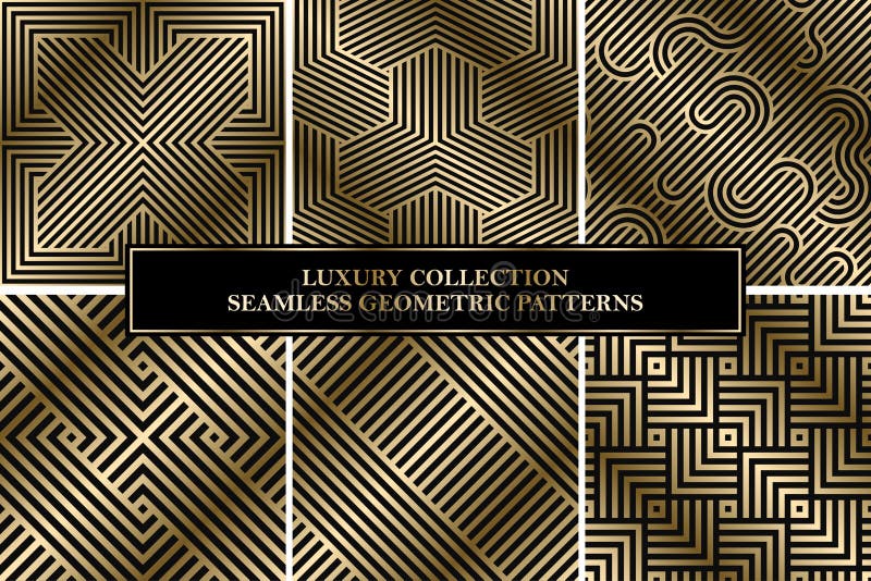 Collection of art deco vector geometric striped patterns - seamless luxury gold gradient design. Rich backgrounds. stock illustration