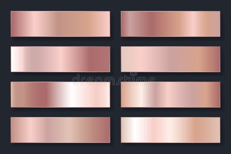 Collection of backgrounds with a metallic gradient. Brilliant plates with rose gold effect. Vector illustration royalty free illustration