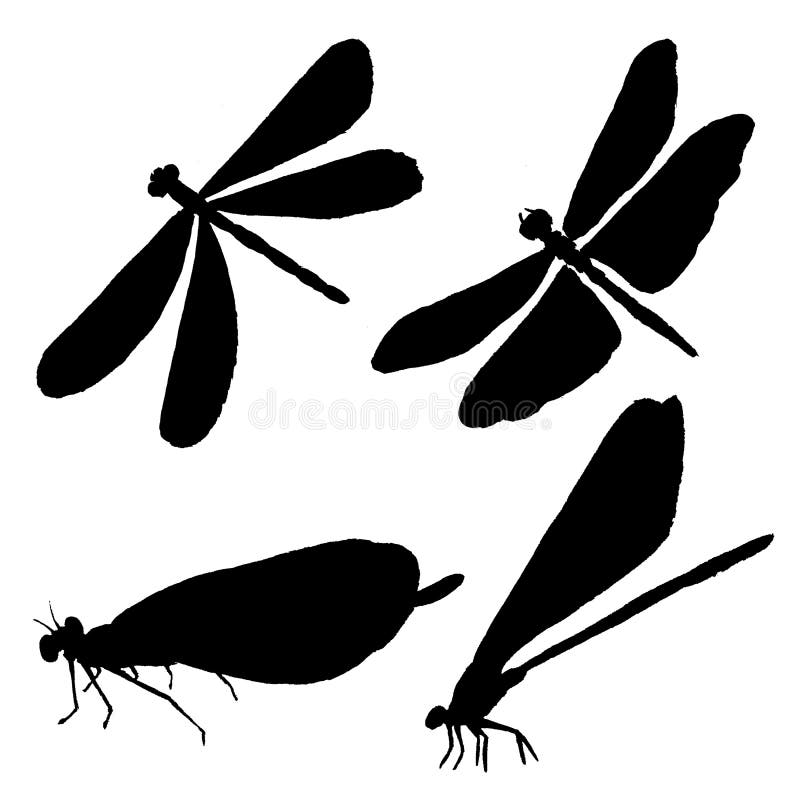 Collection of black dragonfly silhouettes.