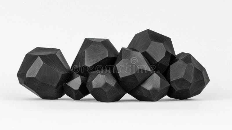 A collection of black, faceted stones arranged in a loose cluster. stock image