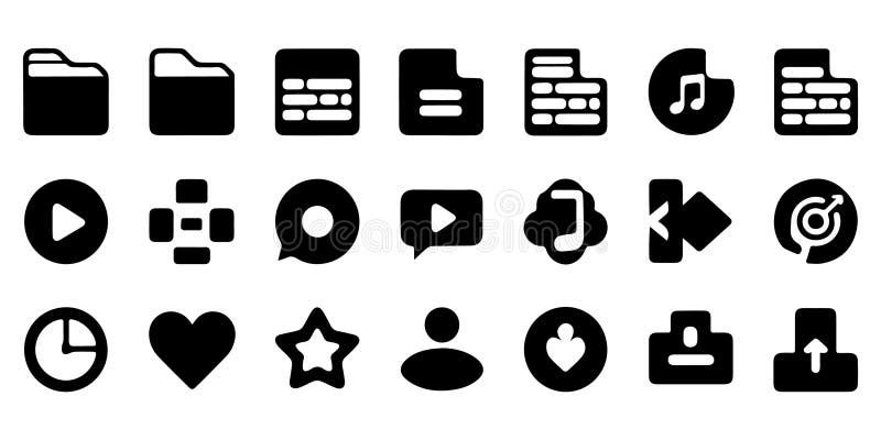 Collection of Black Flat Icons for Multimedia and File Management stock illustration