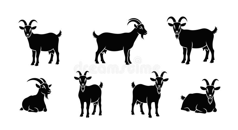 This collection features seven distinct black silhouette illustrations of goats, presented against a clean white background. The goats are depicted in different poses, including standing upright, standing with heads turned, and resting or lying down. Each silhouette clearly showcases the characteristic horns, beards, and body shapes of goats, making them versatile for various design applications. These graphics are ideal for use in educational materials, farm-related branding, children's books, or any project requiring simple, stylized animal imagery. Nanny logo vectors