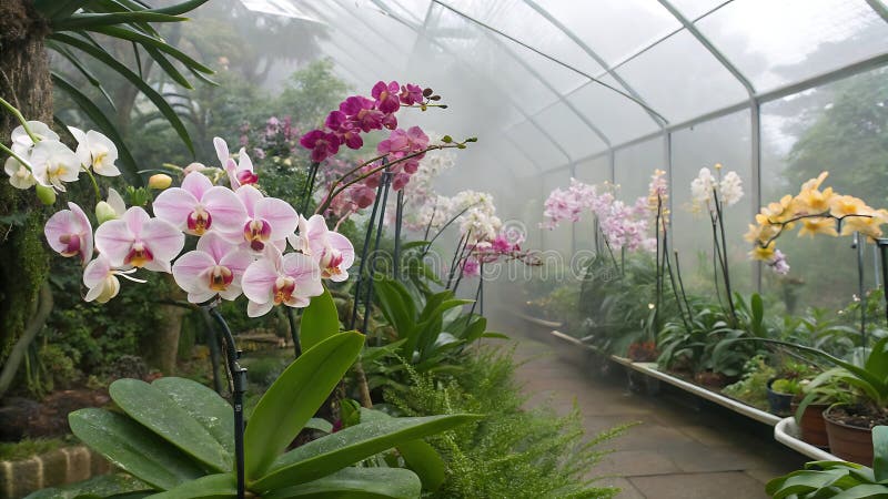 Collection of blooming orchids in a greenhouse exotic flower beauty, Stock Photo, Generative AI royalty free illustration