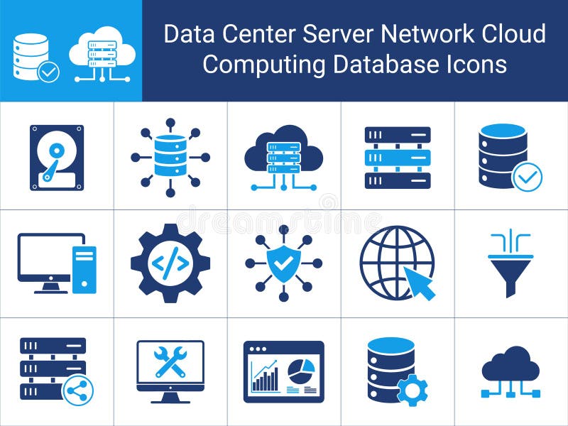 Data Center Servers, Cloud, Networks, Security, and Coding flat Icons vector illustration stock illustration