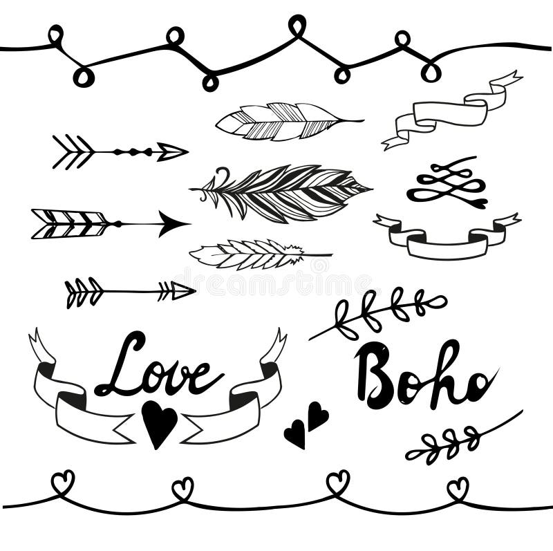 Collection of boho doodle design elements. Vector