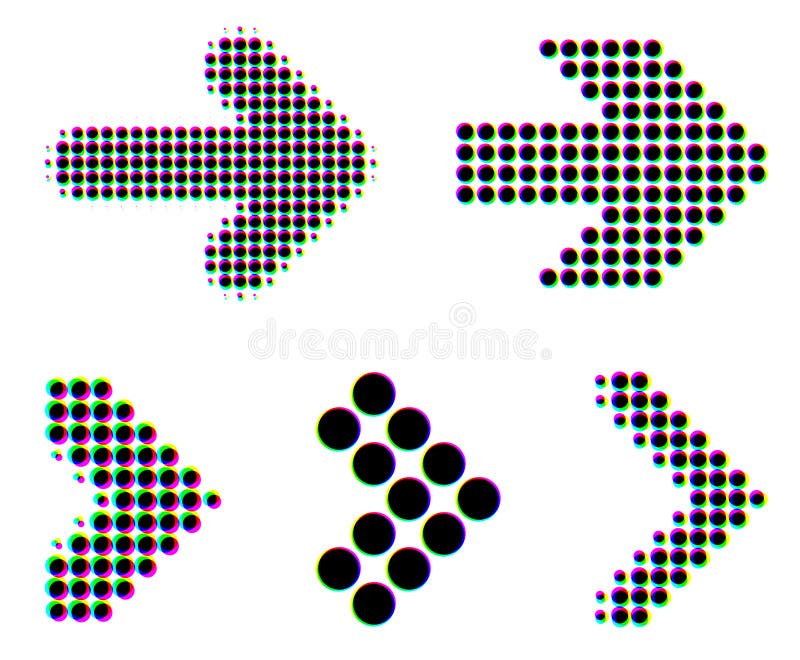Assorted bold dotted arrow icons with vibrant glitch effect stock illustration