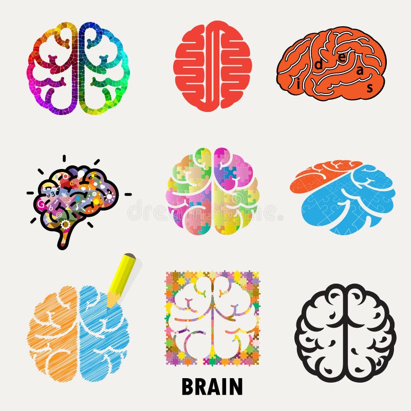 Collection of brain, creation and idea icons and elements. Creati stock illustration