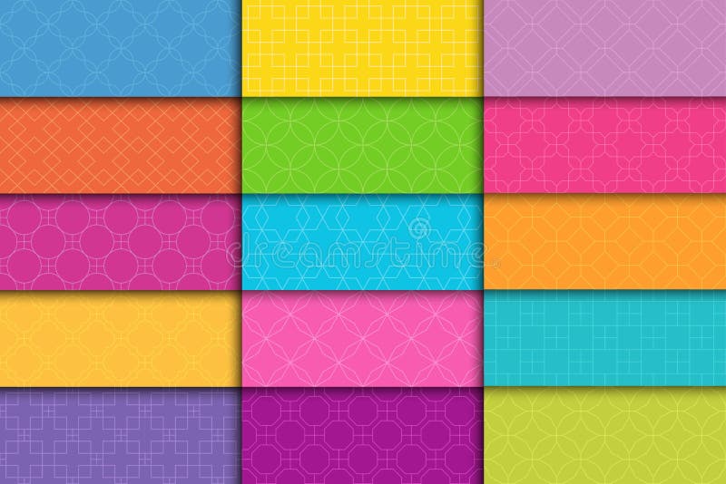 Collection of bright seamless colorful geometric patterns - ornamental symmetric textures. Vector repeatable oriental