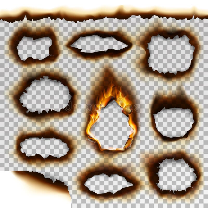 Collection of burnt faded holes piece burned paper realistic fire flame isolated page sheet torn ash vector illustration stock illustration