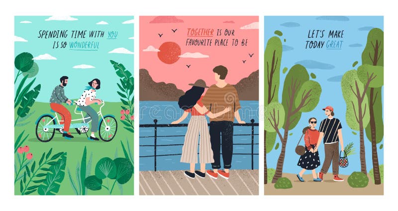 Collection of cards with cute romantic couples on date riding tandem bicycle, watching sunset, walking. Set of postcards vector illustration Collection of cards with cute romantic couples on date riding tandem bicycle, watching sunset, walking. Set of postcards vector illustration