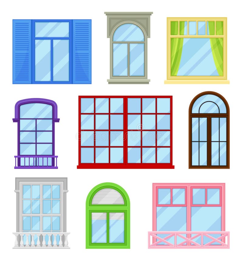 Collection of Cartoon Windows on White Background. Stock Vector -  Illustration of color, decoration: 143675823