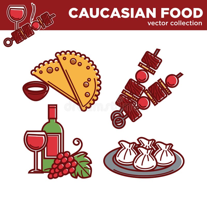 Collection caucasienne de vecteur de nourriture des plats et de la boisson délicieux illustration stock Collection caucasienne de vecteur de nourriture des plats et de la boisson délicieux illustration stock