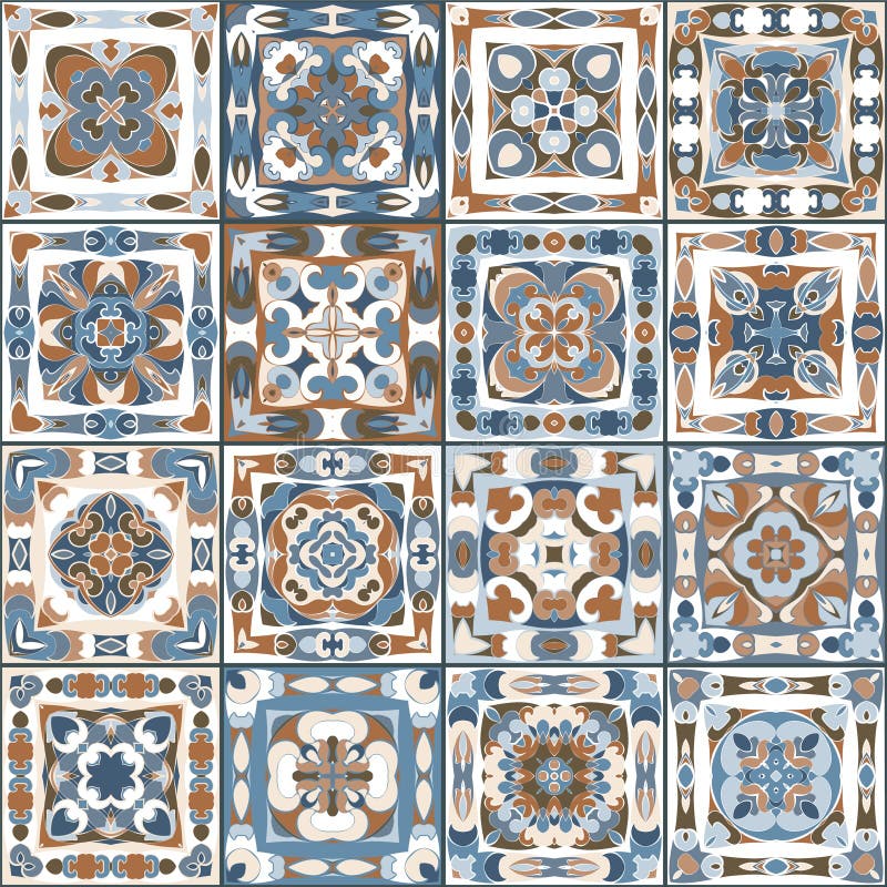 A Collection of Ceramic Tiles in Blue and Brown Colors. Stock Vector