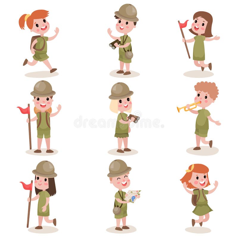 Collection of children scouts camping outfit, summer camp activities royalty free illustration Collection of children scouts camping outfit, summer camp activities royalty free illustration