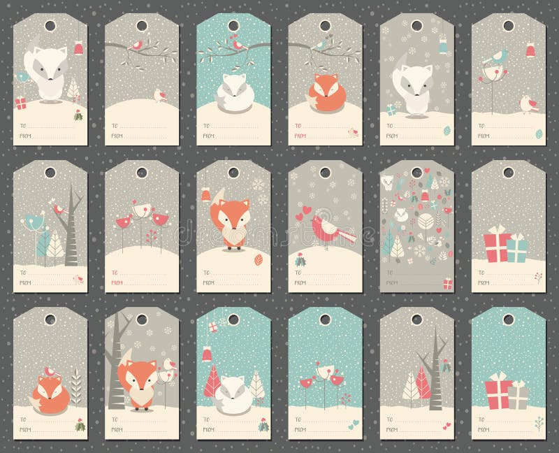 Collection of 18 Christmas and New Year gift tags with foxes