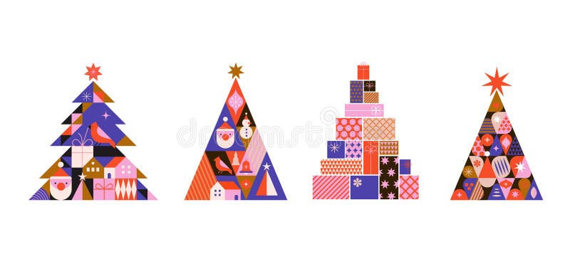 Culegerea de pomi de Crăciun în stil geometric minimalist modern. ilustrare colorată în stil desen plat. xmas vector illustration