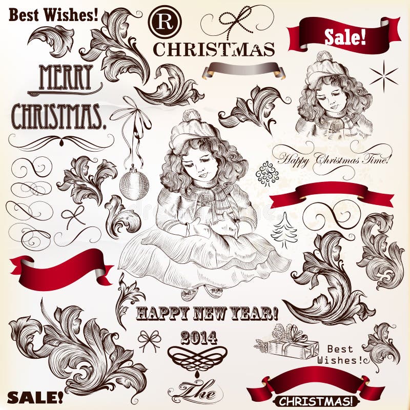 Collection of Christmas vector vintage decorative calligraphic e