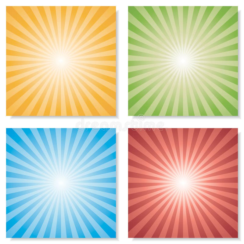 Collection of 4 color burst backgrounds. Vector.