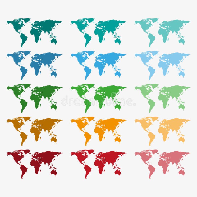 Collection of Color World Maps with Different Textures. Set World Map Stock Vector