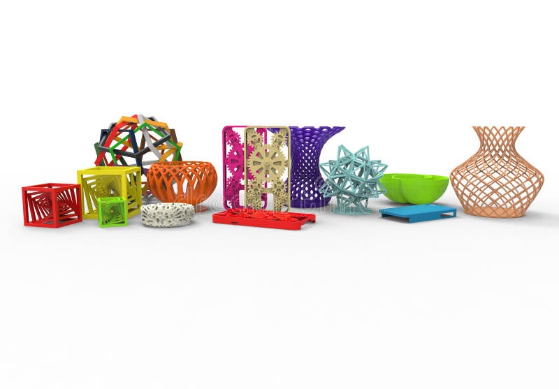 Collection of colored complex typical 3D print products vector illustration Collection of colored complex typical 3D print products vector illustration