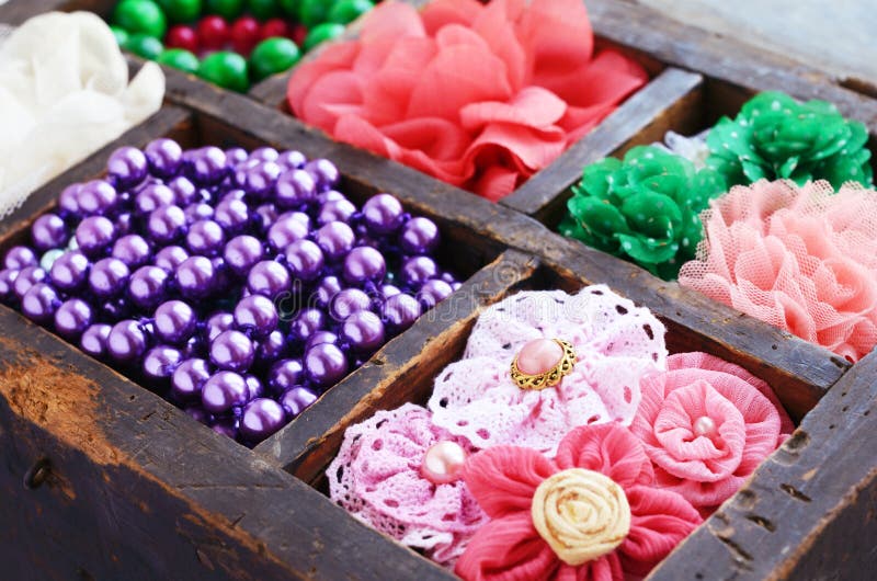 Collection of colorful brooches, beads and hair pins