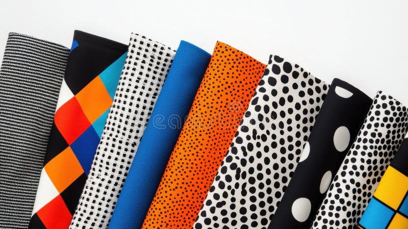 A collection of colorful fabrics with unique patterns. stock images