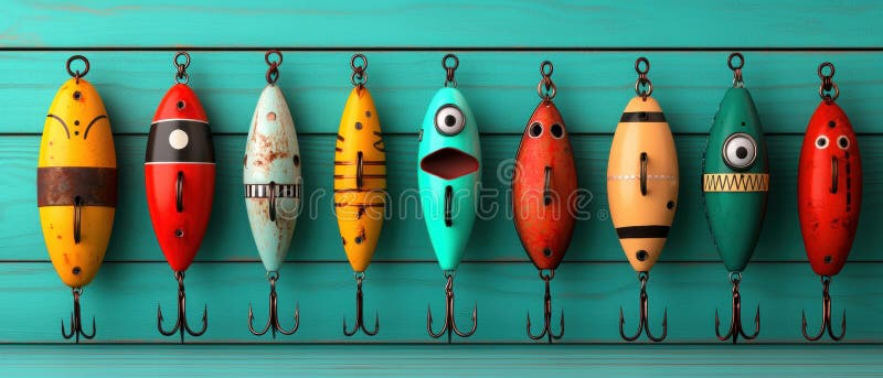 A collection of colorful fishing lures with unique designs and patterns. stock photo