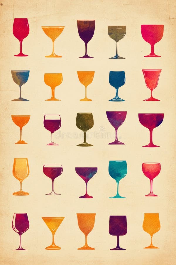Collection of colorful glass silhouettes arranged in a visually appealing pattern on textured background. A vibrant array of various glass shapes is displayed in a grid layout, showcasing an assortment of styles and colors against a textured cream background, creating a lively atmosphere. AI generated