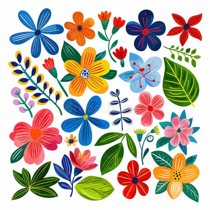 Collection colorful handdrawn flowers leaves assorted pattern. Bold colors simple shapes create