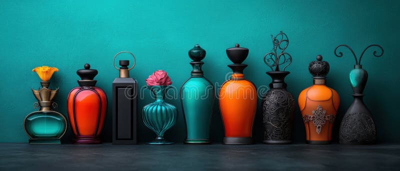 A collection of colorful perfume bottles with unique designs and shapes. royalty free stock photos