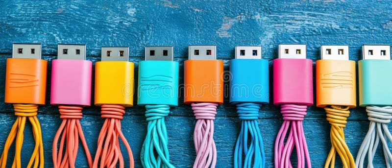 A collection of colorful USB cables. stock photos