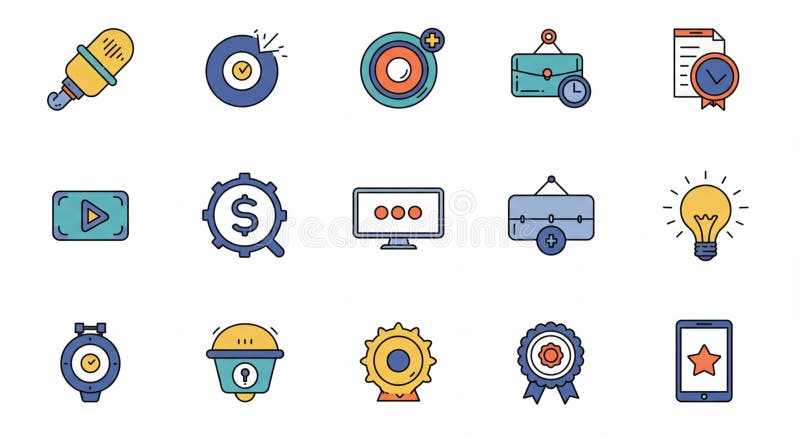 Collection of colorful vector icons arranged in a grid. Icons include a lightbulb, circular stock illustration