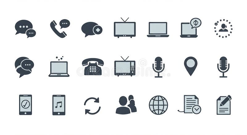 Collection of communication and media icons displayed in three rows on a white background icons include speech bubbles telephones illustration stock