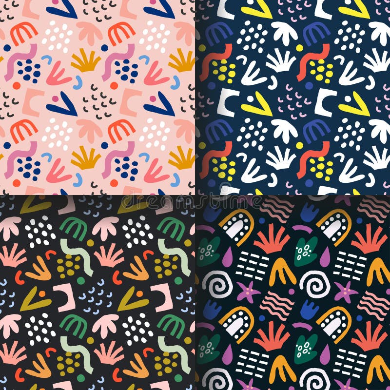 Collection of contemporary abstract seamless backgrounds, vector repeat pattern made of colorful scribble shapes and royalty free illustration