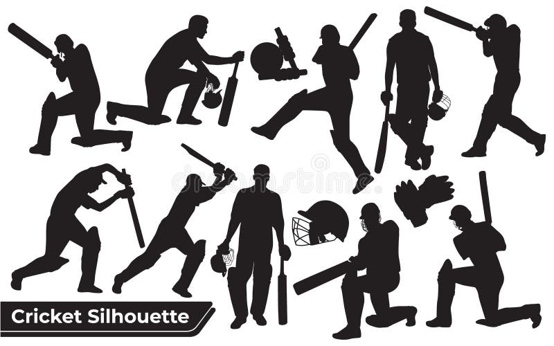 Collection of Cricket player silhouettes in different poses You will receive in the format 1. Adobe Illustrator File (Ai) 2. Encapsulated PostScript (Eps) 3. Scalable Vector Graphics (SVG) 4. Portable Document Format (PDF) 5. Joint Photographic Group (Jpg)