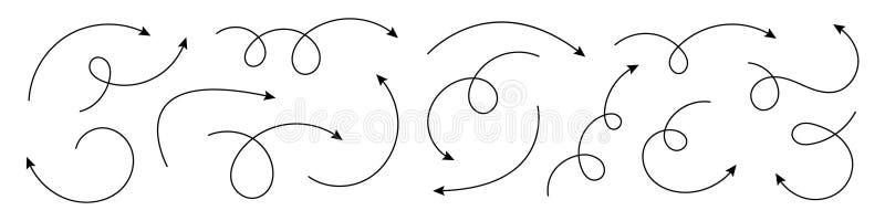 Collection of curve arrows. Set simple curved hand drawn arrows. stock illustration