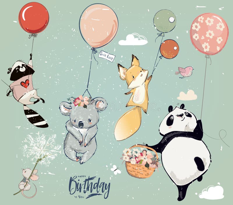 Collection with cute birthday fly animals with balloons royalty free illustration