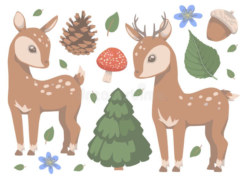 Collection of cute cartoon style forest animal deer with mushroom, pine tree, flowers and leaves vector illustration vector illustration Collection of cute cartoon style forest animal deer with mushroom, pine tree, flowers and leaves vector illustration vector illustration