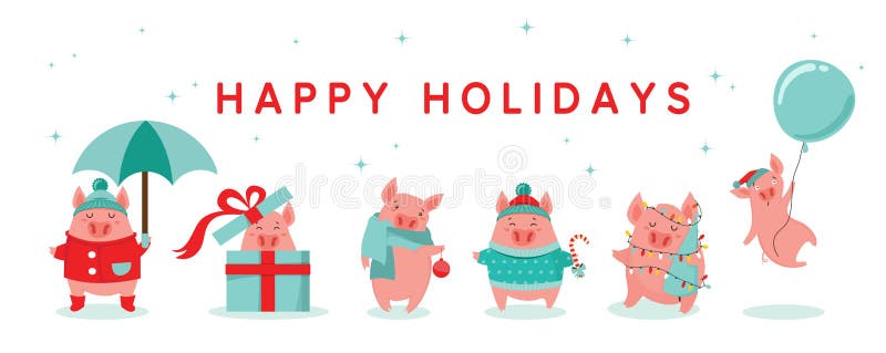 Collection of cute winter pigs. New 2019 year. Symbol of the year in the Chinese calendar. Vector cartoon isolated