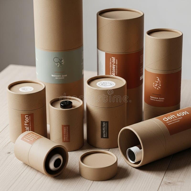 A collection of cylindrical cardboard containers of varying heights and diameters are displayed on vector illustration