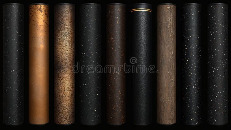 A collection of cylindrical objects with varying textures and colors. stock image