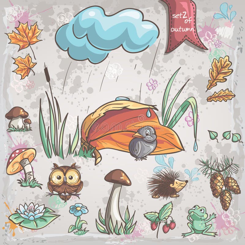 Collection d'automne avec des images des oiseaux, animaux, champignons, fleurs, cônes pour des enfants Positionnement 2 illustration libre de droits Collection d'automne avec des images des oiseaux, animaux, champignons, fleurs, cônes pour des enfants Positionnement 2 illustration libre de droits