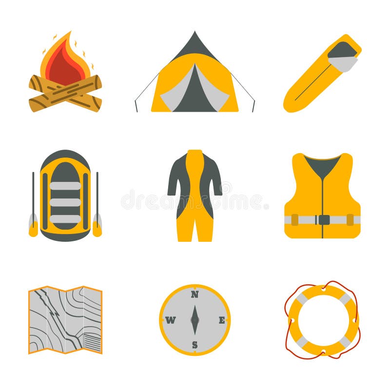 Collection d'icônes de transporter et de tourisme par radeau Équipement de tourisme Rivière b illustration stock Collection d'icônes de transporter et de tourisme par radeau Équipement de tourisme Rivière b illustration stock
