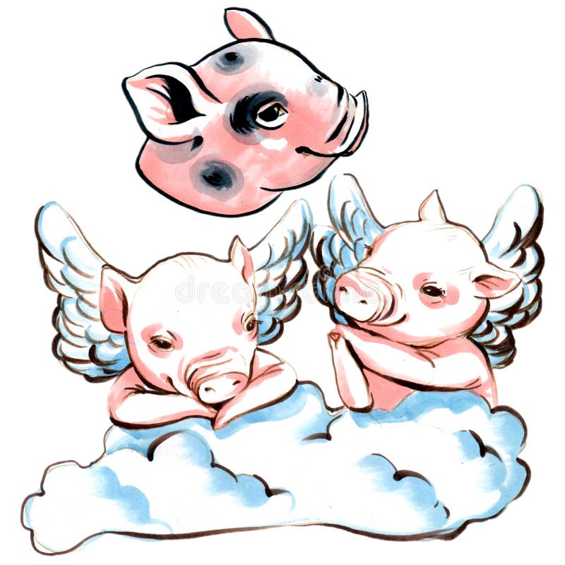 Collection d'illustration de marqueur de mini porcs avec des ailes sur un nuage illustration stock Collection d'illustration de marqueur de mini porcs avec des ailes sur un nuage illustration stock
