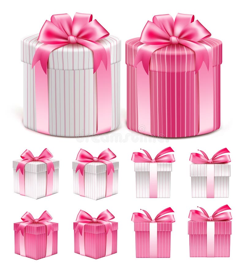 Realistic 3D Collection of Colorful Pink Pattern Gift Box with Ribbon and Bow for Birthday Celebration, Christmas, Party, Anniversary and Eid Mubarak. Set of Vector Illustration. Realistic 3D Collection of Colorful Pink Pattern Gift Box with Ribbon and Bow for Birthday Celebration, Christmas, Party, Anniversary and Eid Mubarak. Set of Vector Illustration