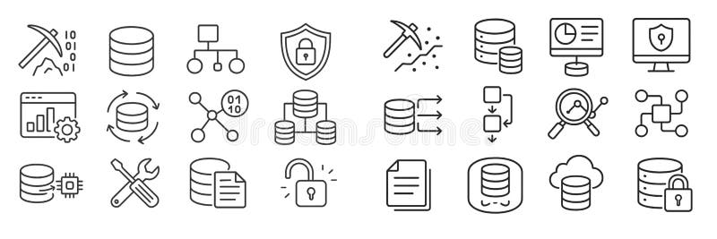 Collection of database icons showcasing various data management and security concepts vector illustration